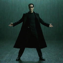 Neo standing in the iconic bullet-dodging pose from the Matrix, with a binary code rain backdrop