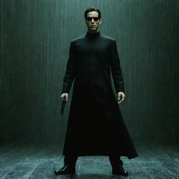 Neo standing in the iconic bullet-dodging pose from the Matrix, with a binary code rain backdrop