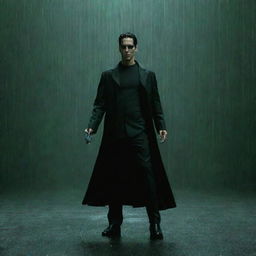 Neo standing in the iconic bullet-dodging pose from the Matrix, with a binary code rain backdrop