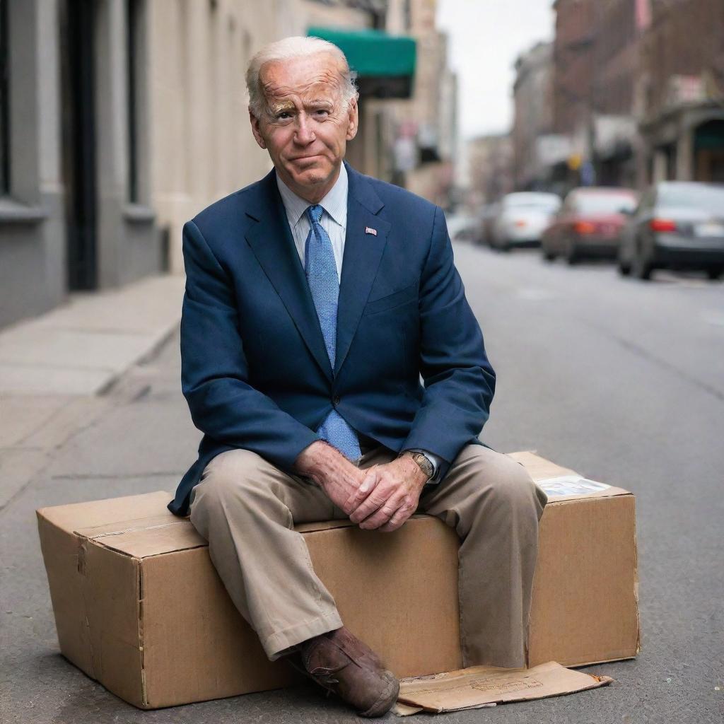 A satirical image of Joe Biden portrayed as a humble homeless man, sitting on a cardboard in an urban street, yet still retaining his presidential demeanor