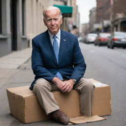 A satirical image of Joe Biden portrayed as a humble homeless man, sitting on a cardboard in an urban street, yet still retaining his presidential demeanor