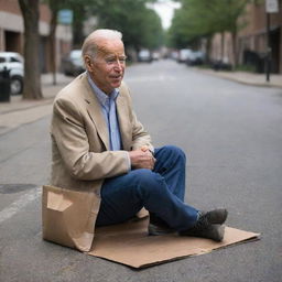 A satirical image of Joe Biden portrayed as a humble homeless man, sitting on a cardboard in an urban street, yet still retaining his presidential demeanor