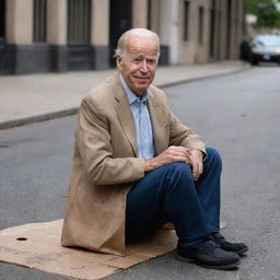 A satirical image of Joe Biden portrayed as a humble homeless man, sitting on a cardboard in an urban street, yet still retaining his presidential demeanor