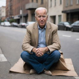 A satirical image of Joe Biden portrayed as a humble homeless man, sitting on a cardboard in an urban street, yet still retaining his presidential demeanor