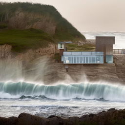 A sturdy house, viewed straight on, embraced by a wide, flat cliff with a grassy top. Monumental waves crash against thick glass windows.