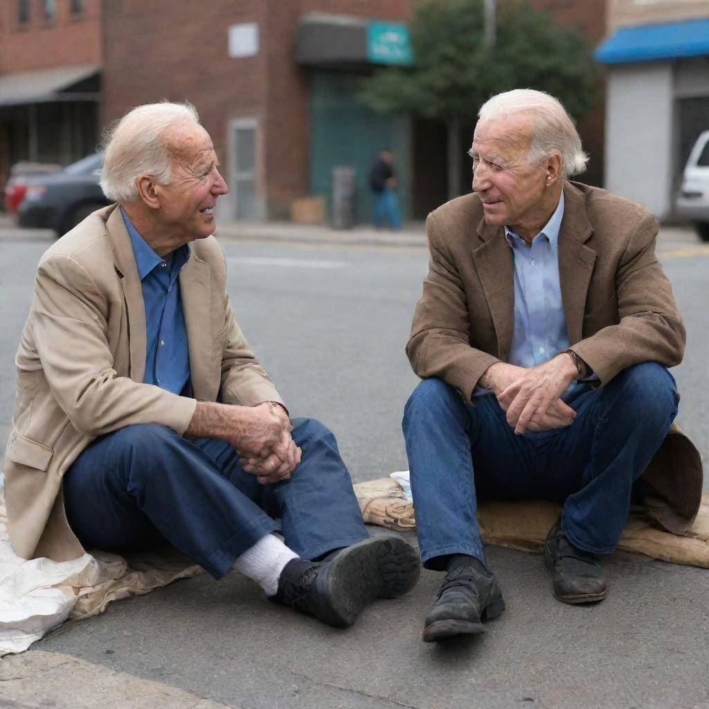 A satirical illustration of Joe Biden and Imran Khan, portrayed as humble homeless men, having a peaceful conversation on an urban street