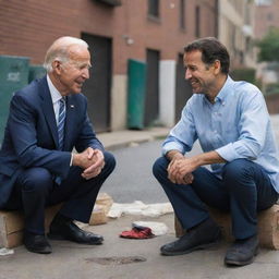 A satirical illustration of Joe Biden and Imran Khan, portrayed as humble homeless men, having a peaceful conversation on an urban street