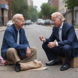 A satirical illustration of Joe Biden and Imran Khan, portrayed as humble homeless men, having a peaceful conversation on an urban street