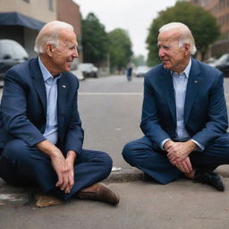 A satirical illustration of Joe Biden and Imran Khan, portrayed as humble homeless men, having a peaceful conversation on an urban street