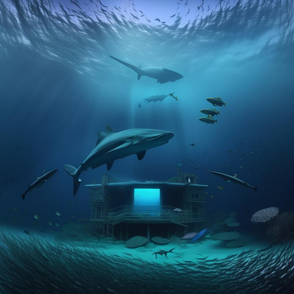 An impressive underwater home surrounded by gigantic sharks and a majestic blue whale in a circular dance.