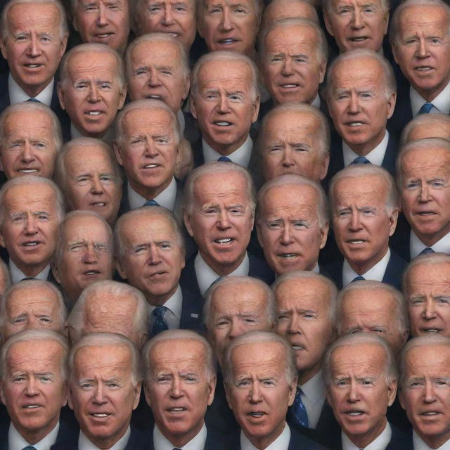 A surreal image of a multitude of Joe Biden faces spinning out from a single central point, representing a million Joe Bidens