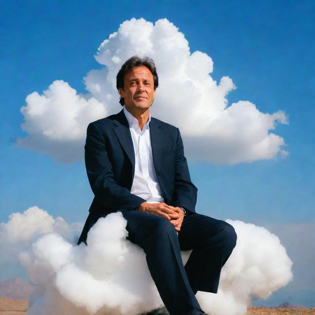 Imran Khan serenely seated on a cloud, against a bright blue sky