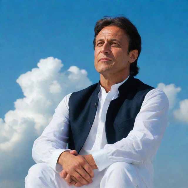 Imran Khan serenely seated on a cloud, against a bright blue sky