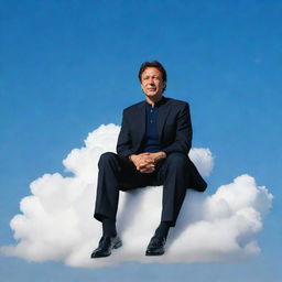 Imran Khan serenely seated on a cloud, against a bright blue sky