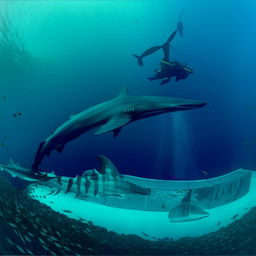 An impressive underwater home surrounded by gigantic sharks and a majestic blue whale in a circular dance.