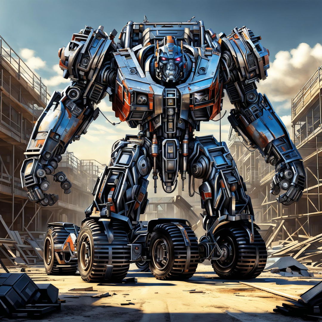 This digital art image features a dump truck transformed into a Transformer