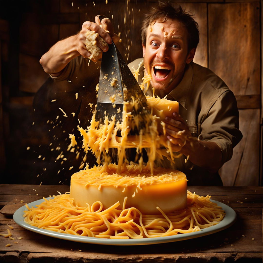 A person grating an enormous wheel of cheddar cheese onto a meal at a rustic wooden table, their face lit up with delight.