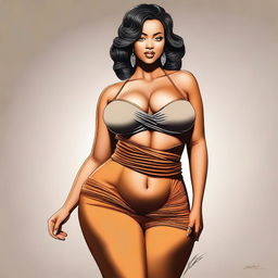 A digital art piece of a woman with a voluptuous figure, dressed in fashionable attire