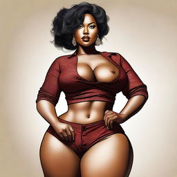 A digital art piece of a woman with a voluptuous figure, dressed in fashionable attire