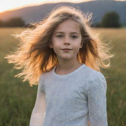 A young girl standing in a meadow during sunset, her hair gently blowing with the wind, her eyes sparkling with joy