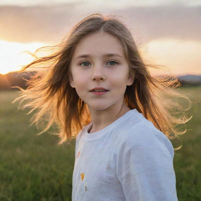 A young girl standing in a meadow during sunset, her hair gently blowing with the wind, her eyes sparkling with joy