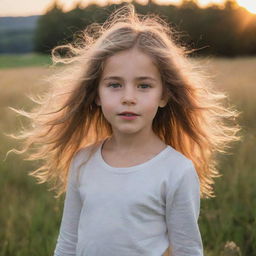 A young girl standing in a meadow during sunset, her hair gently blowing with the wind, her eyes sparkling with joy