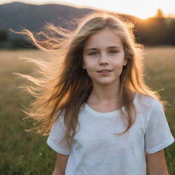 A young girl standing in a meadow during sunset, her hair gently blowing with the wind, her eyes sparkling with joy