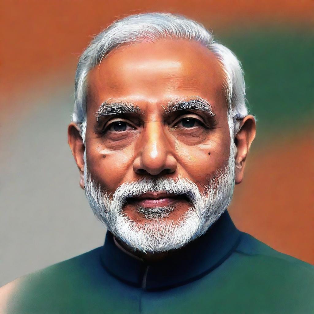 An artistically stylized portrait of Narendra Modi, the Prime Minister of India, with the Indian flag behind him.