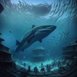 An impressive underwater home surrounded by gigantic sharks and a majestic blue whale in a circular dance.