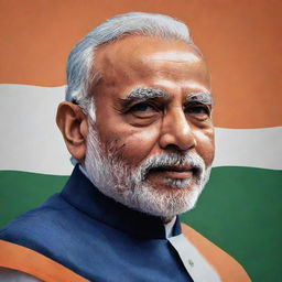 An artistically stylized portrait of Narendra Modi, the Prime Minister of India, with the Indian flag behind him.