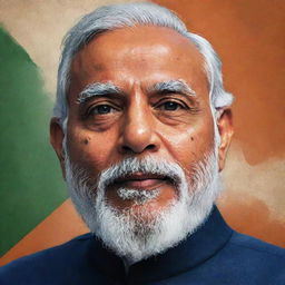 An artistically stylized portrait of Narendra Modi, the Prime Minister of India, with the Indian flag behind him.