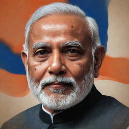 An artistically stylized portrait of Narendra Modi, the Prime Minister of India, with the Indian flag behind him.