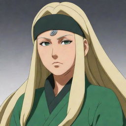 Tsunade from the anime 'Naruto', depicted with her iconic blonde hair, and sporting her legendary green robe and forehead protector.