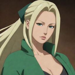 Tsunade from the anime 'Naruto', depicted with her iconic blonde hair, and sporting her legendary green robe and forehead protector.