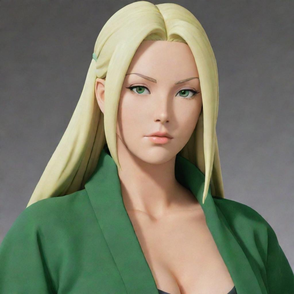 Tsunade from the anime 'Naruto', depicted with her iconic blonde hair, and sporting her legendary green robe and forehead protector.