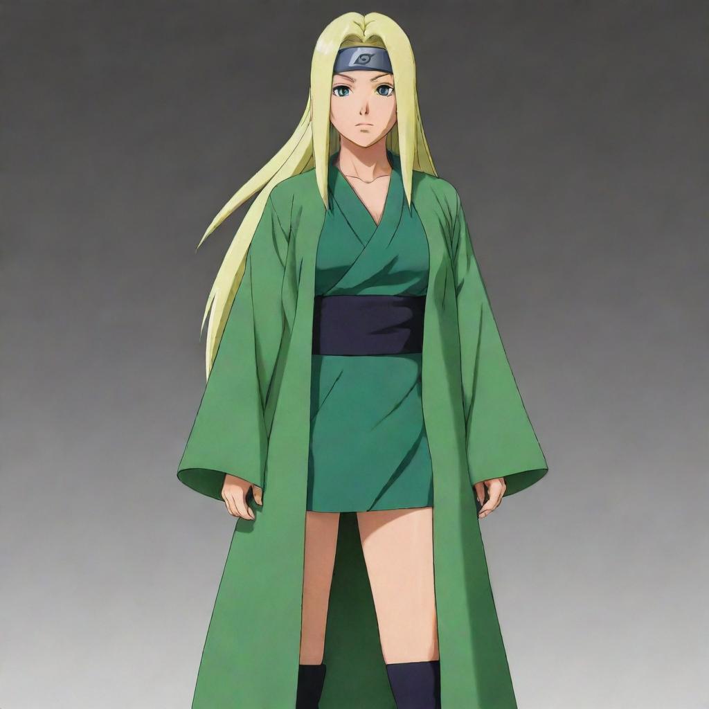 A full body image of Tsunade from the anime 'Naruto'. She's in her well-known attire, with blonde hair, green robe, and her forehead protector.