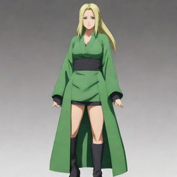 A full body image of Tsunade from the anime 'Naruto'. She's in her well-known attire, with blonde hair, green robe, and her forehead protector.