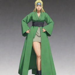 A full body image of Tsunade from the anime 'Naruto'. She's in her well-known attire, with blonde hair, green robe, and her forehead protector.