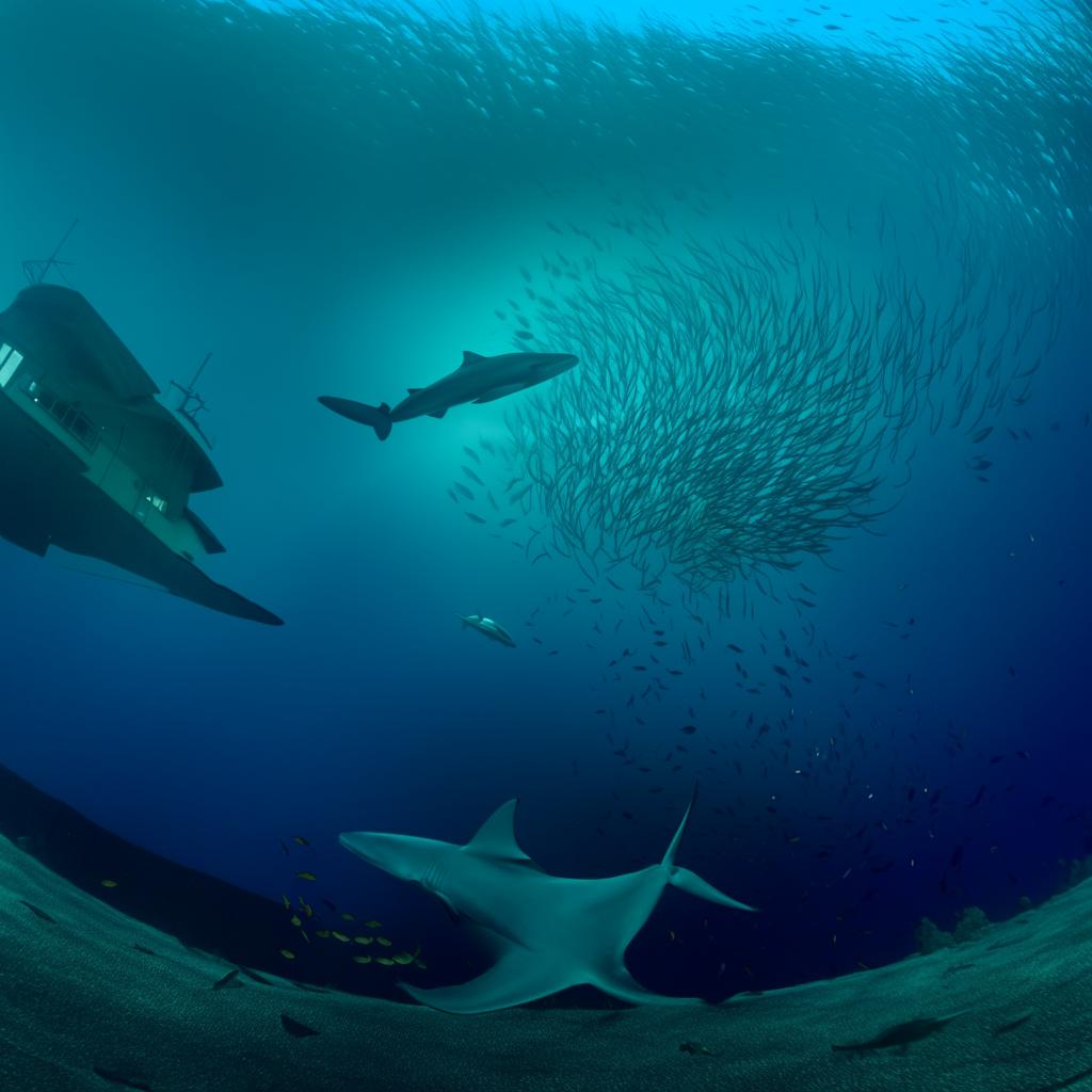 An impressive underwater home surrounded by gigantic sharks and a majestic blue whale in a circular dance.