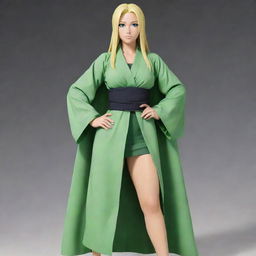 A full body image of Tsunade from the anime 'Naruto'. She's in her well-known attire, with blonde hair, green robe, and her forehead protector.