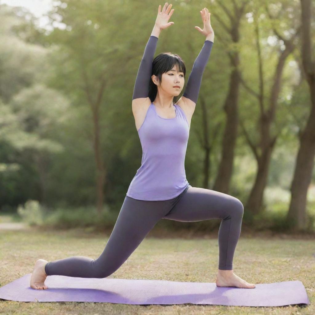 Hinata from the anime 'Naruto', dressed in athletic wear, doing a dynamic yoga pose in a serene outdoor setting.