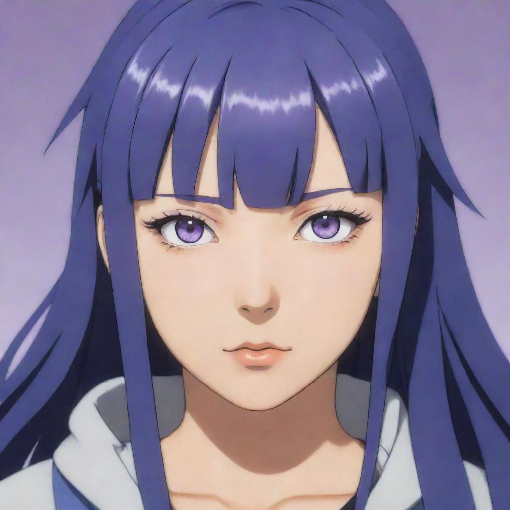 Portrait of Hinata from the anime 'Naruto' with her lavender eyes and dark blue hair, showcasing her kind and reserved character.