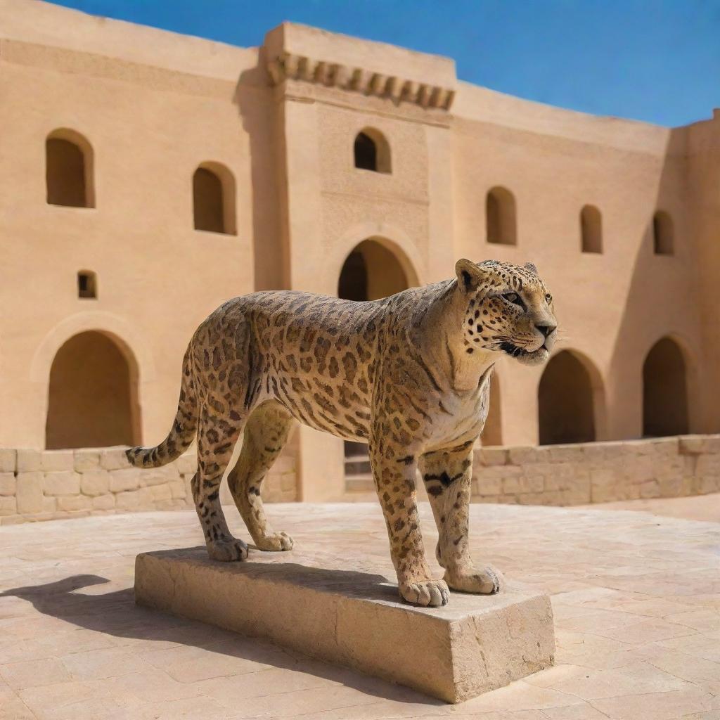 A jaguar representing Tunisia, incorporating North African cultural elements, desert landscapes and landmarks like the Amphitheatre of El Jem or Sidi Bou Said houses.