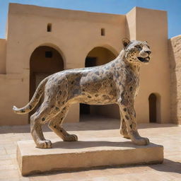 A jaguar representing Tunisia, incorporating North African cultural elements, desert landscapes and landmarks like the Amphitheatre of El Jem or Sidi Bou Said houses.