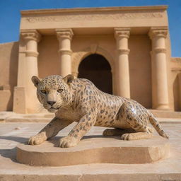 A jaguar representing Tunisia, incorporating North African cultural elements, desert landscapes and landmarks like the Amphitheatre of El Jem or Sidi Bou Said houses.