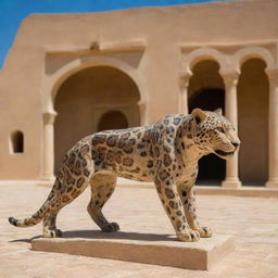 A jaguar representing Tunisia, incorporating North African cultural elements, desert landscapes and landmarks like the Amphitheatre of El Jem or Sidi Bou Said houses.