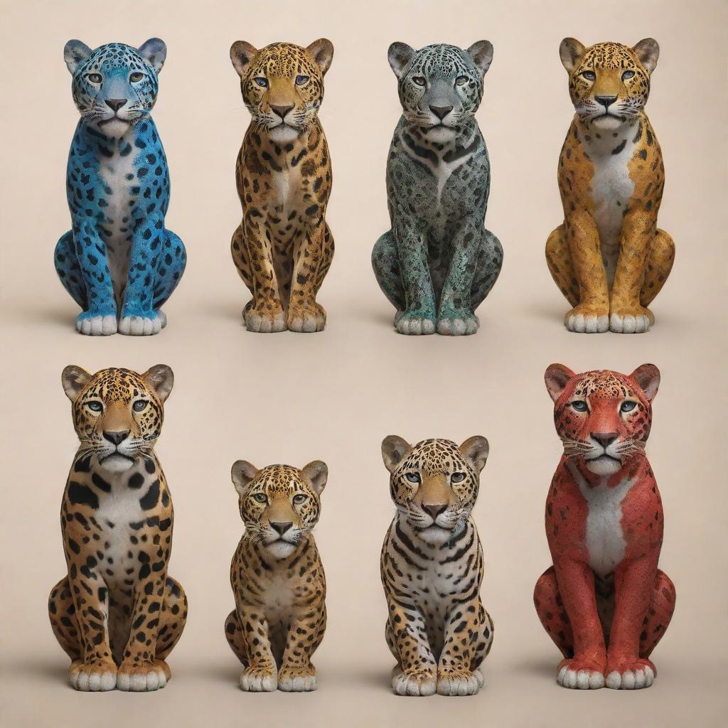 Several jaguars representing different countries, embodying each nation's unique cultural elements, landmarks, and attributes.