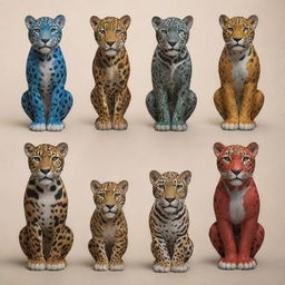 Several jaguars representing different countries, embodying each nation's unique cultural elements, landmarks, and attributes.