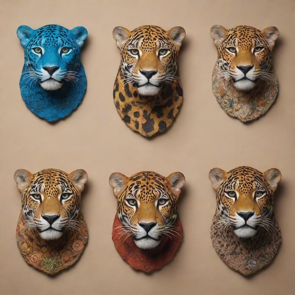 Several jaguars representing different countries, embodying each nation's unique cultural elements, landmarks, and attributes.