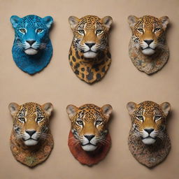 Several jaguars representing different countries, embodying each nation's unique cultural elements, landmarks, and attributes.